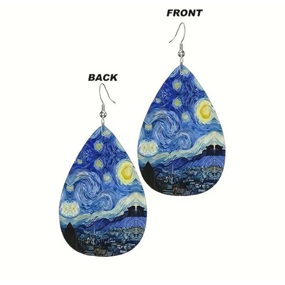 Van Gogh Starry Nights on Teardrop Leatherette Earrings - Picture 2 of 5